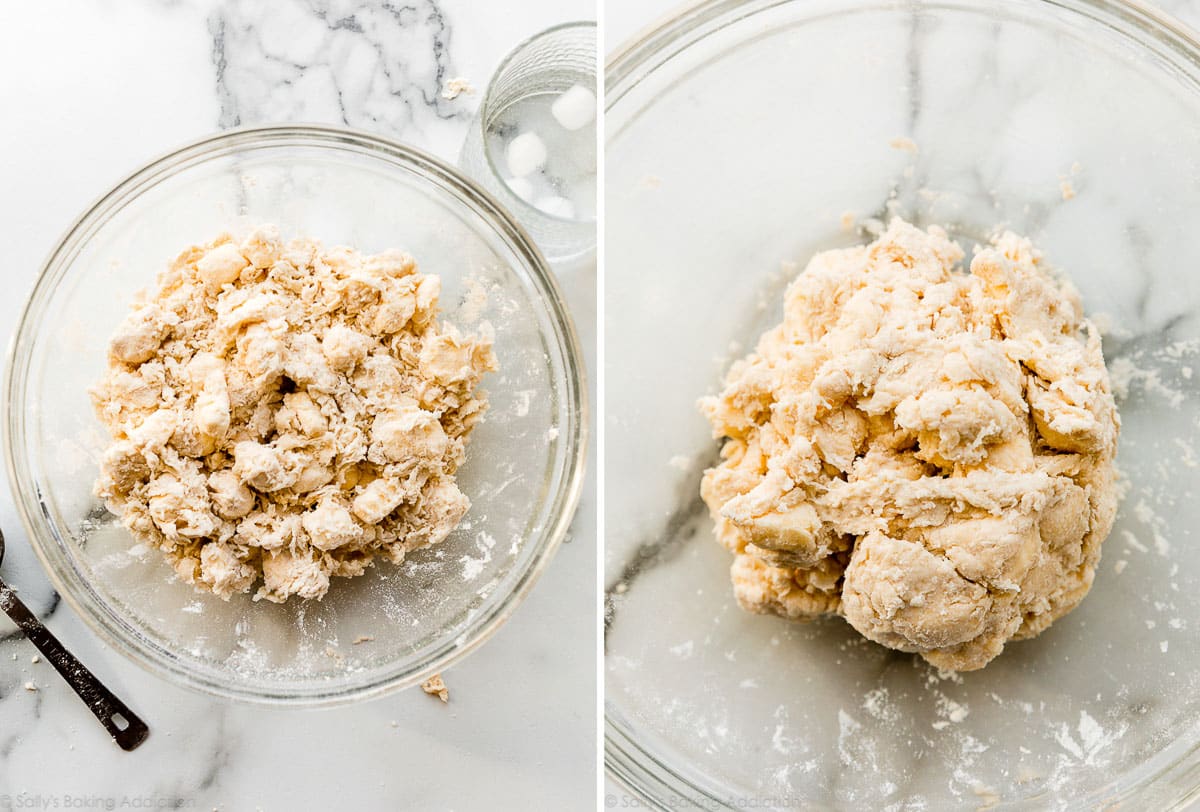 mixing rough puff pastry dough in glass bowl