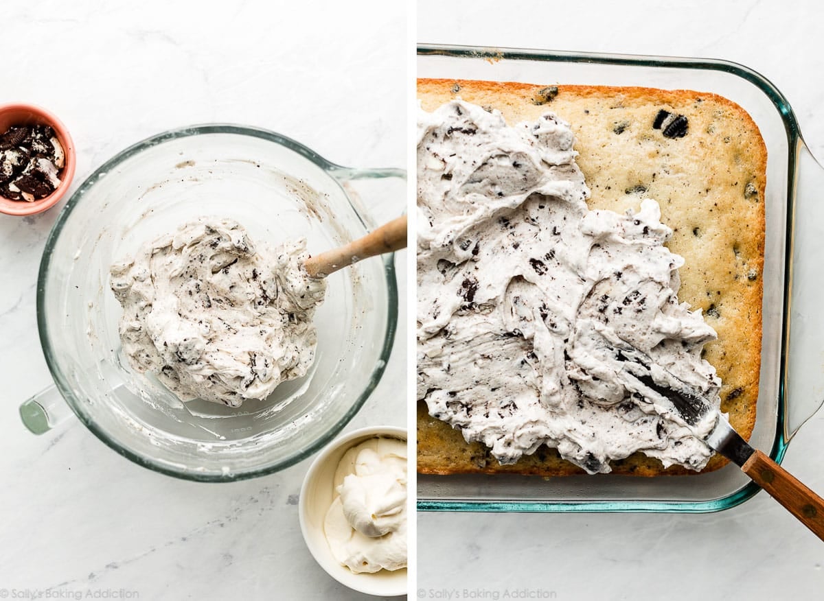 spreading oreo frosting on sheet cake