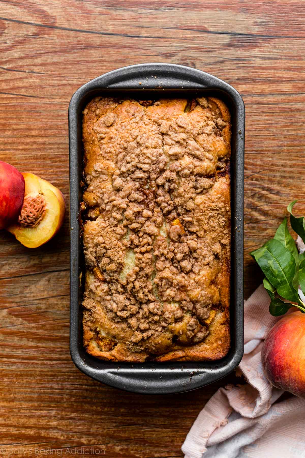 peach quick bread in loaf pan