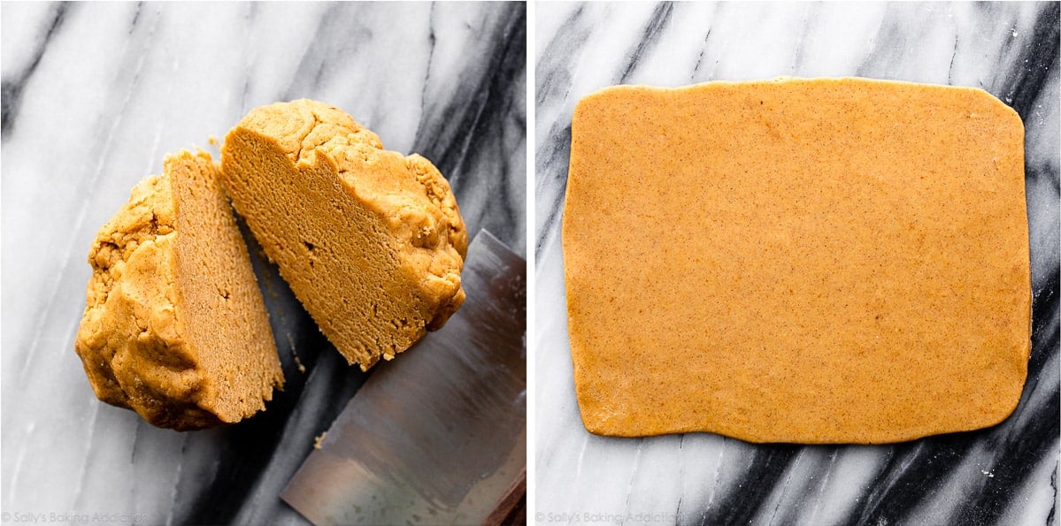 pumpkin sugar cookie dough on marble counter