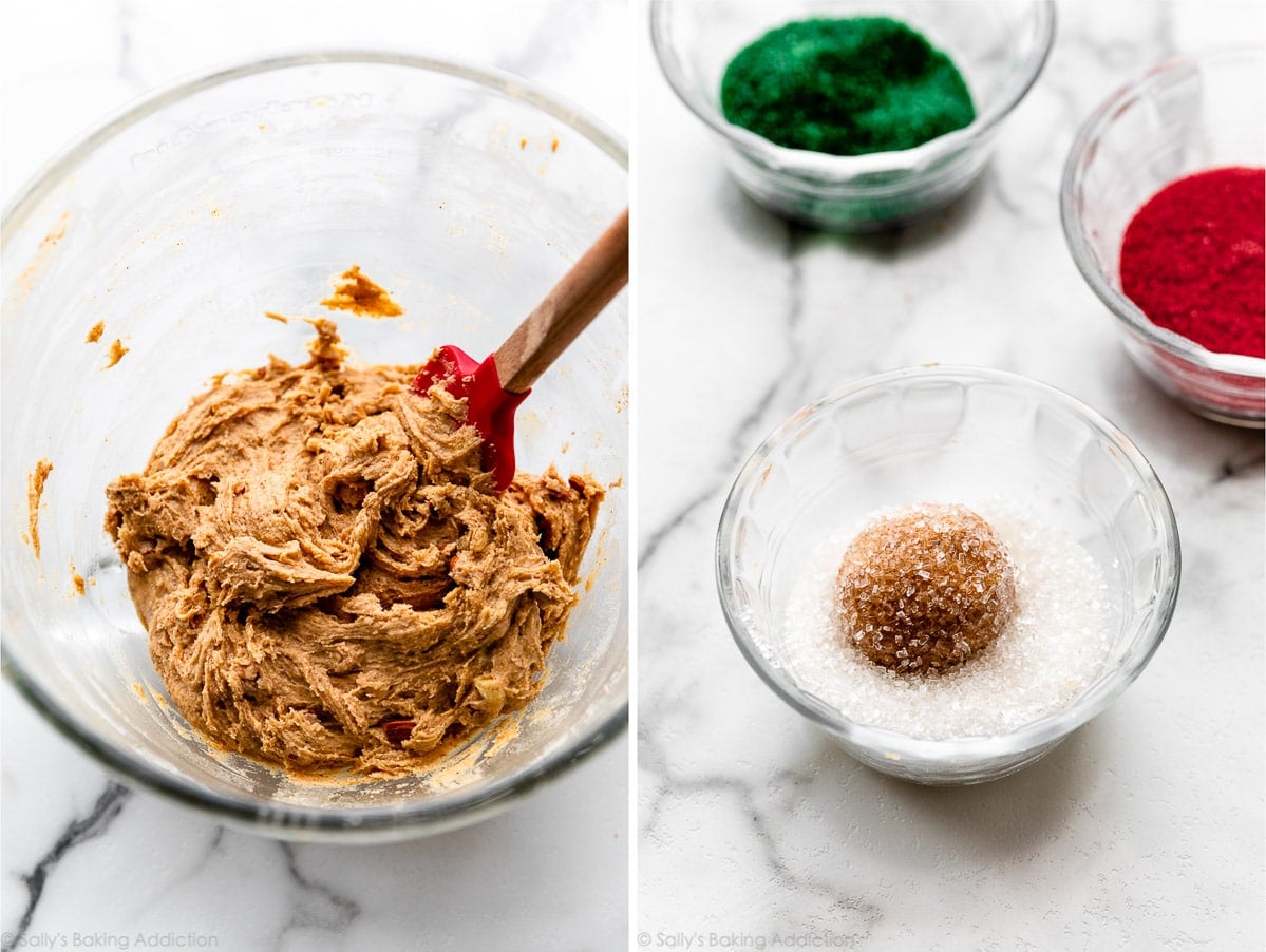 almond butter cookie dough in bowl and rolled into ball in sugar
