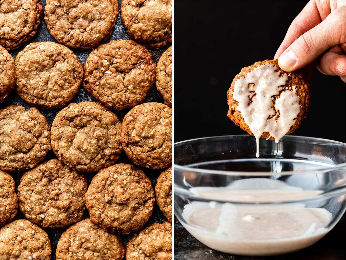 gingerbread oatmeal cookies without icing and one being dipped into icing