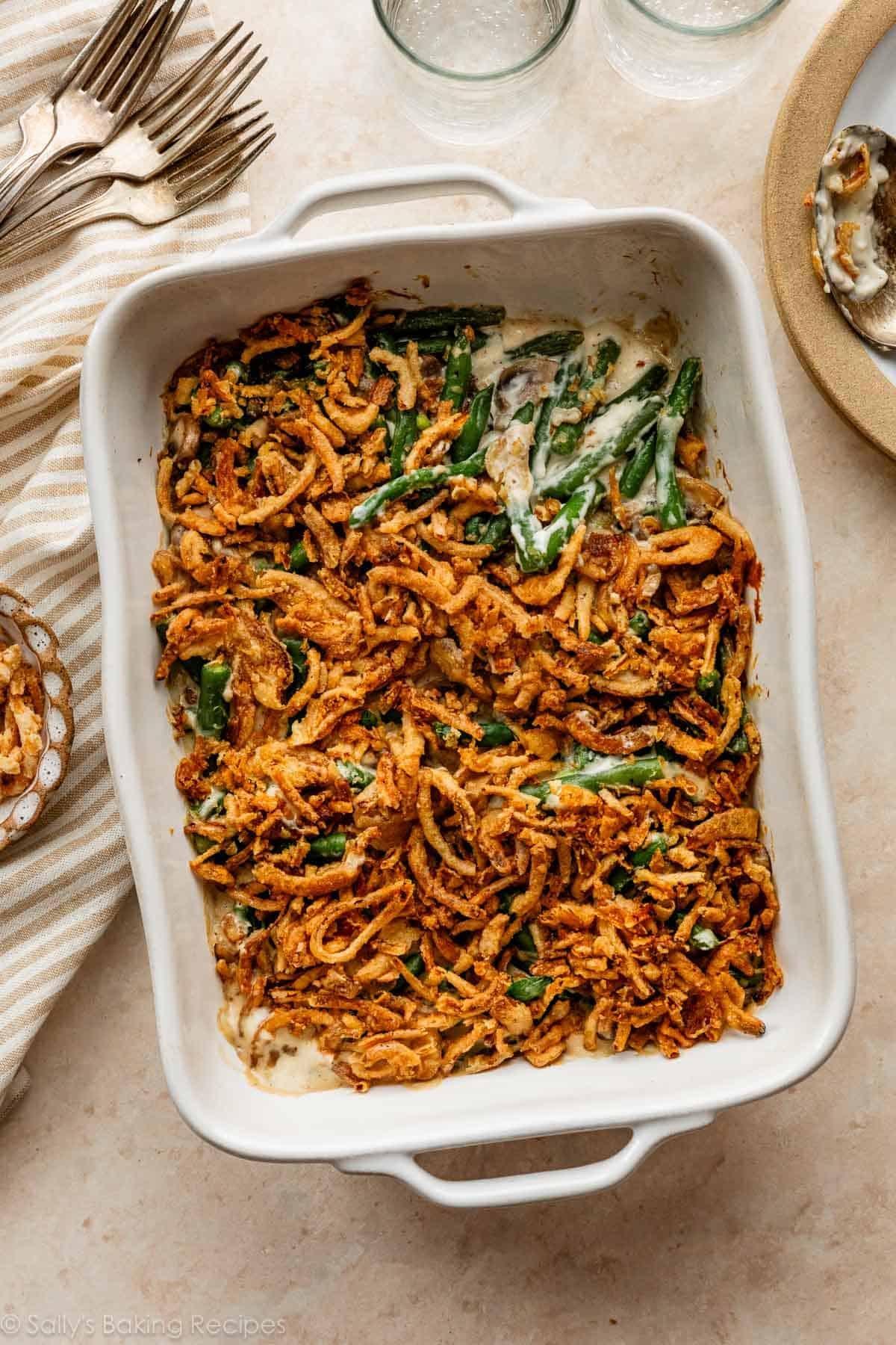 green bean casserole with French's crispy fried onions on top.