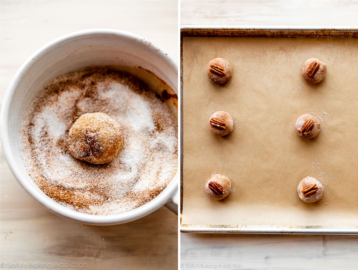 snickerdoodle cookie dough balls coated in cinnamon sugar and on baking sheet
