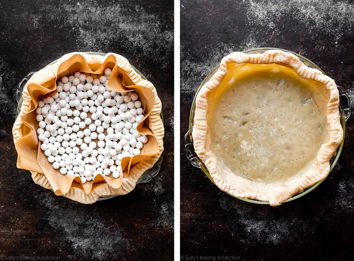pie dough with weights and pictured again after initial blind baking