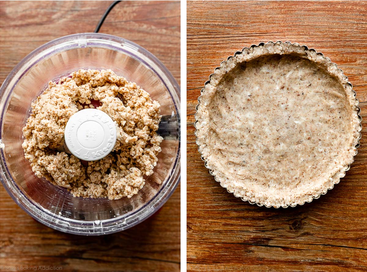 pecan crust mixture in food processor and pressed into tart pan