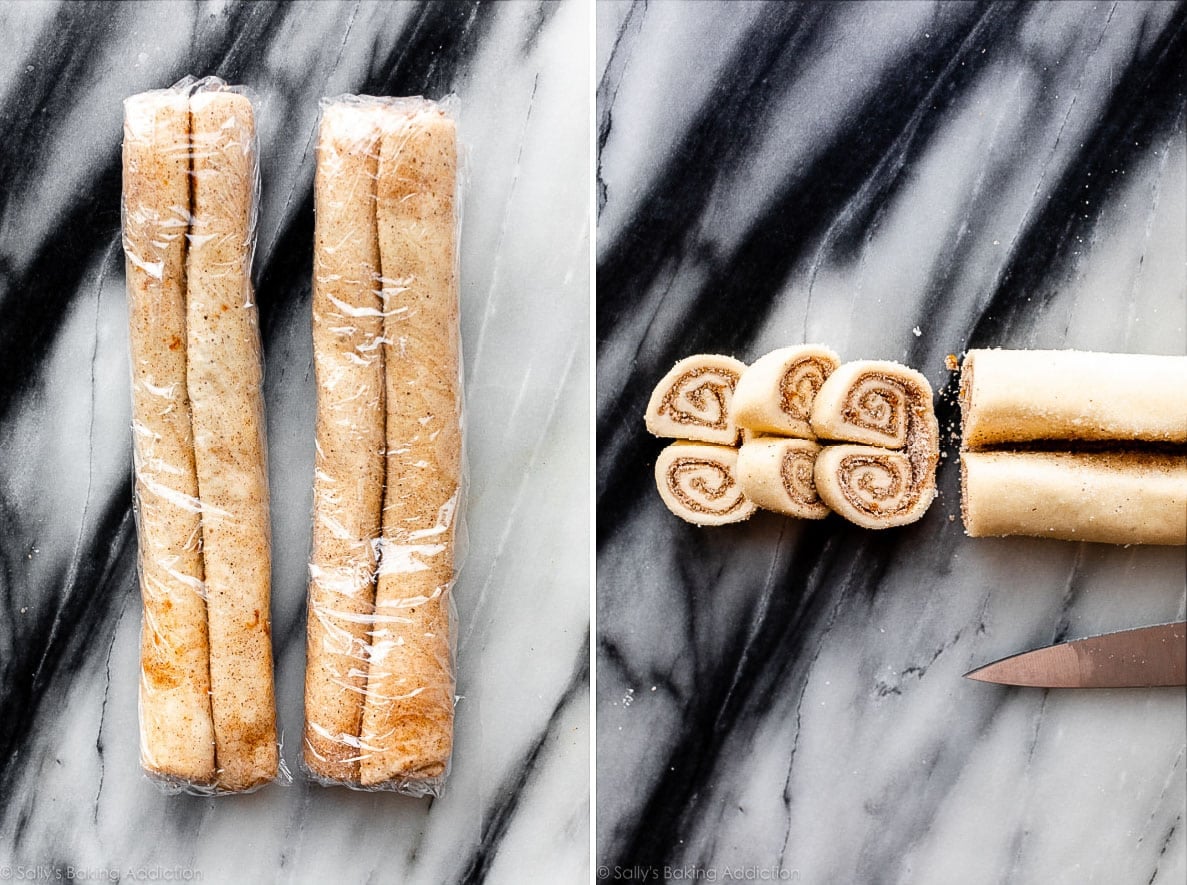 two rolled logs of dough and a photo showing the sliced cookies