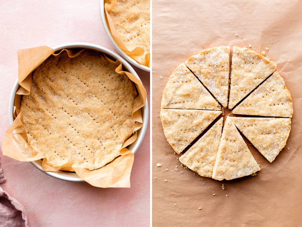 shortbread cookies baked in a cake pan and cut into wedges