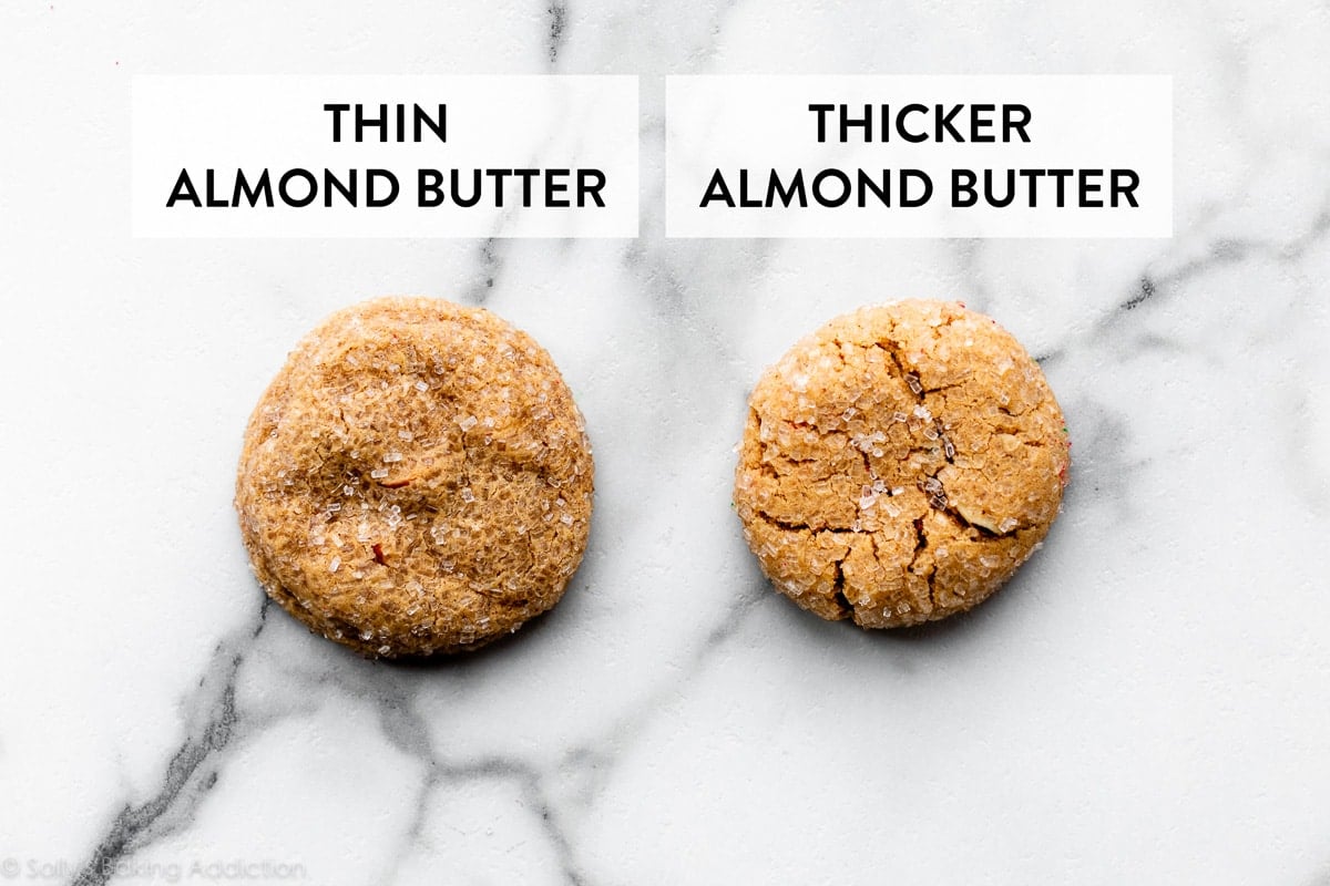almond butter cookies side-by-side comparing the cracks and crinkles on surface