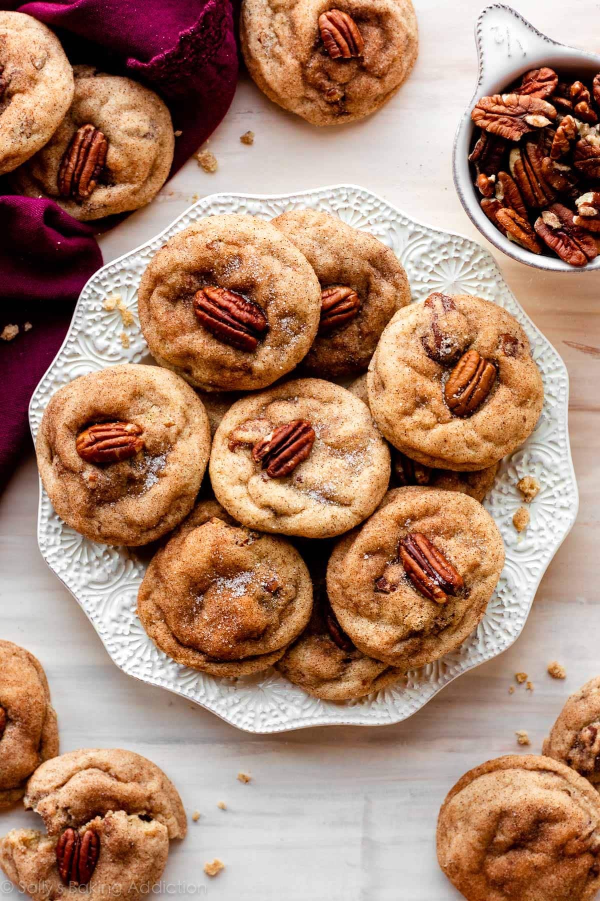 pecan snickerdoodles arranged on white plate