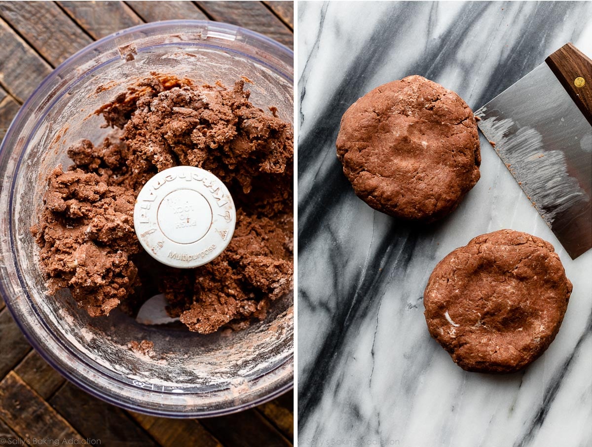 chocolate pie dough in food processor and on counter