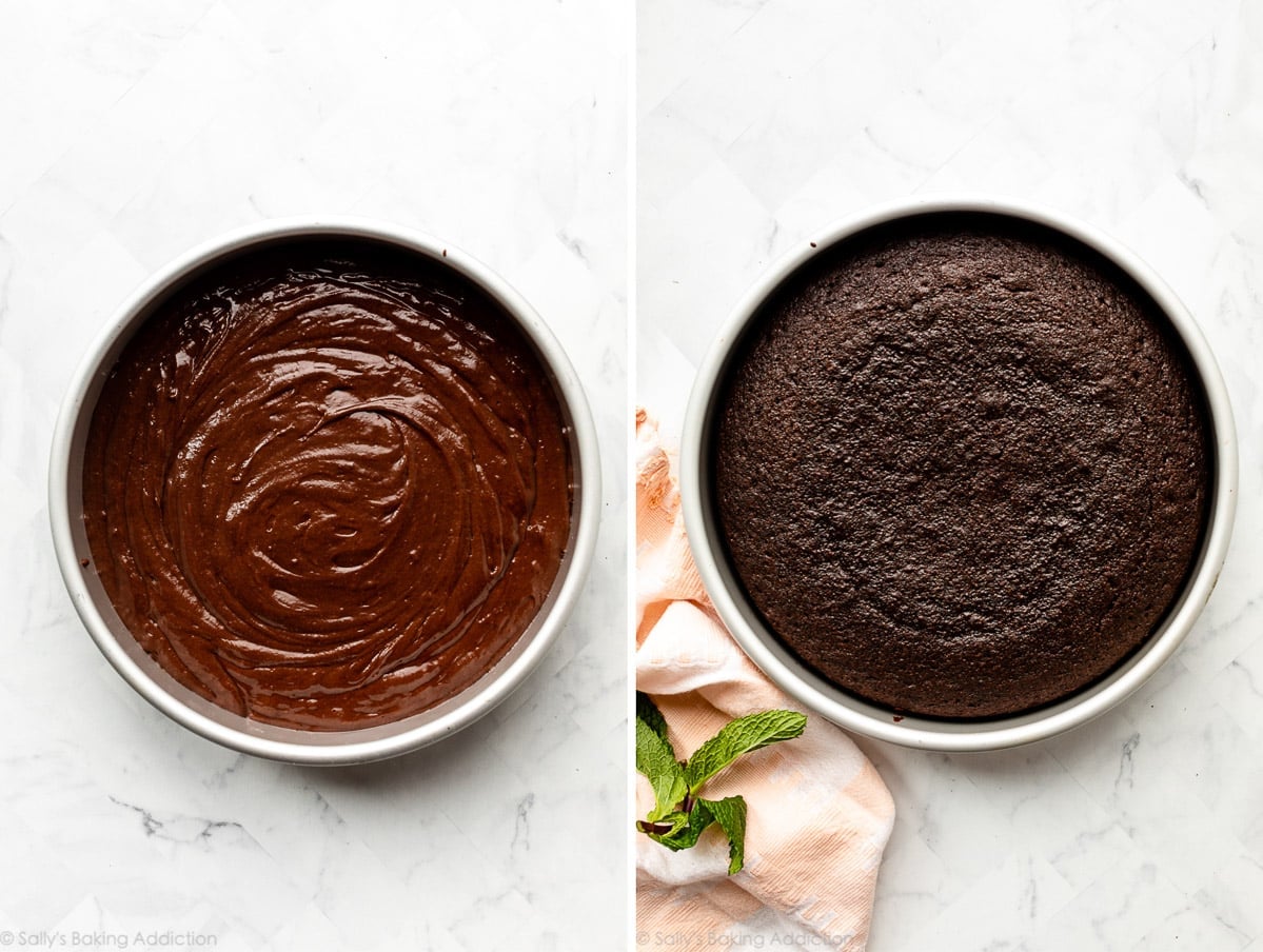 single layer chocolate cake before and after baking