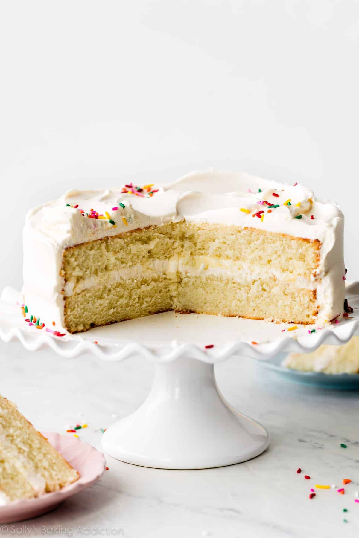 cake with whipped frosting and rainbow sprinkles