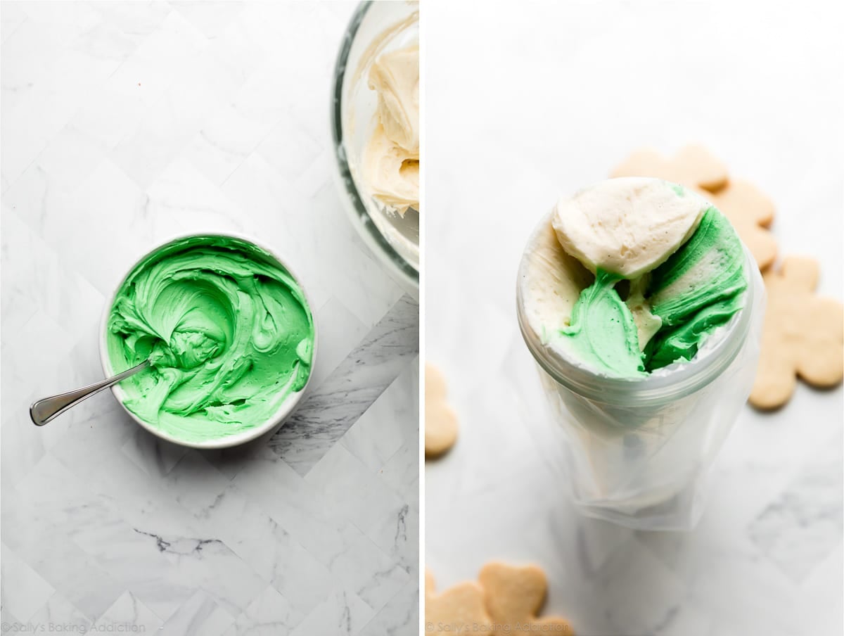 vanilla bean buttercream tinted green and in a piping bag with white buttercream