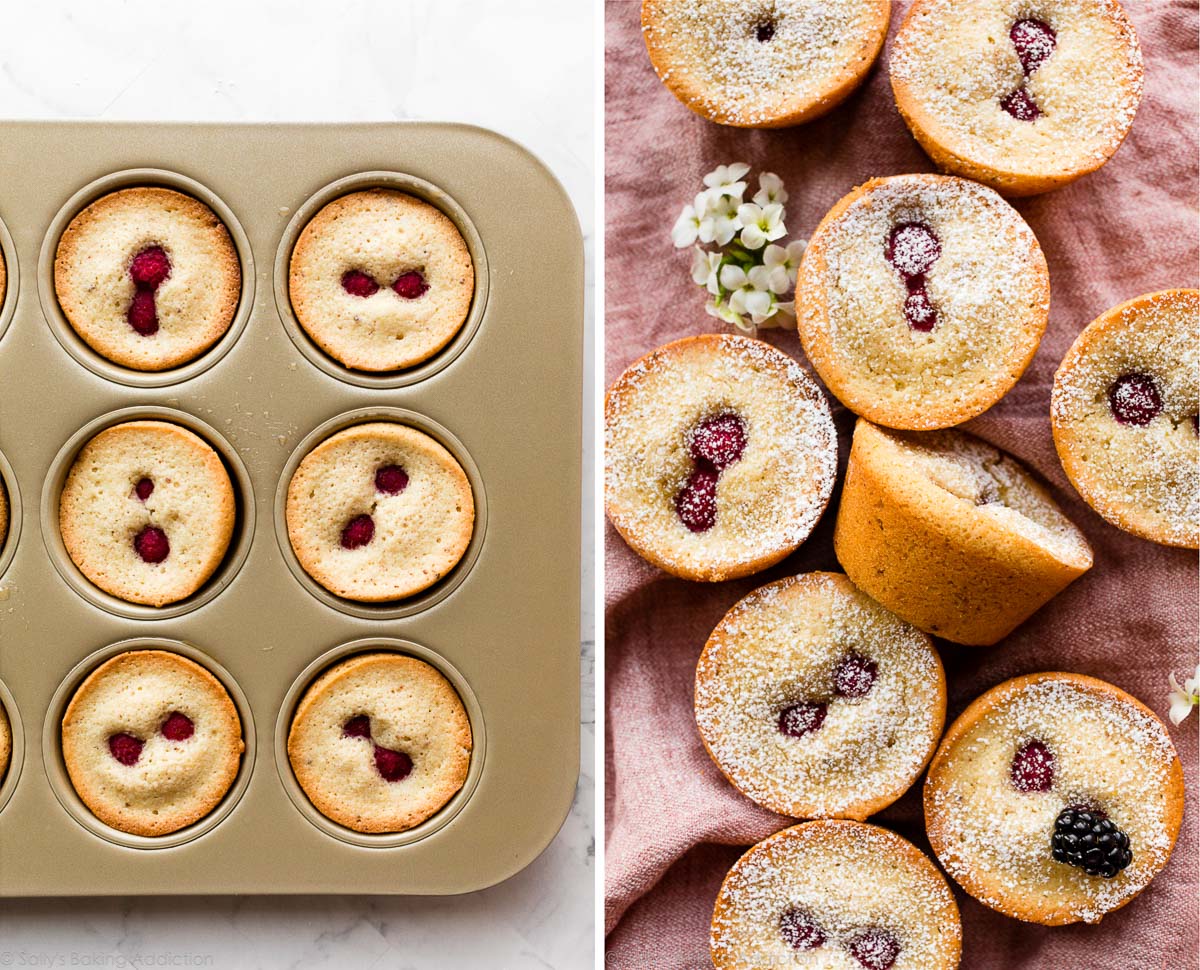 tea cakes with raspberries in muffin pan and shown on pink linen