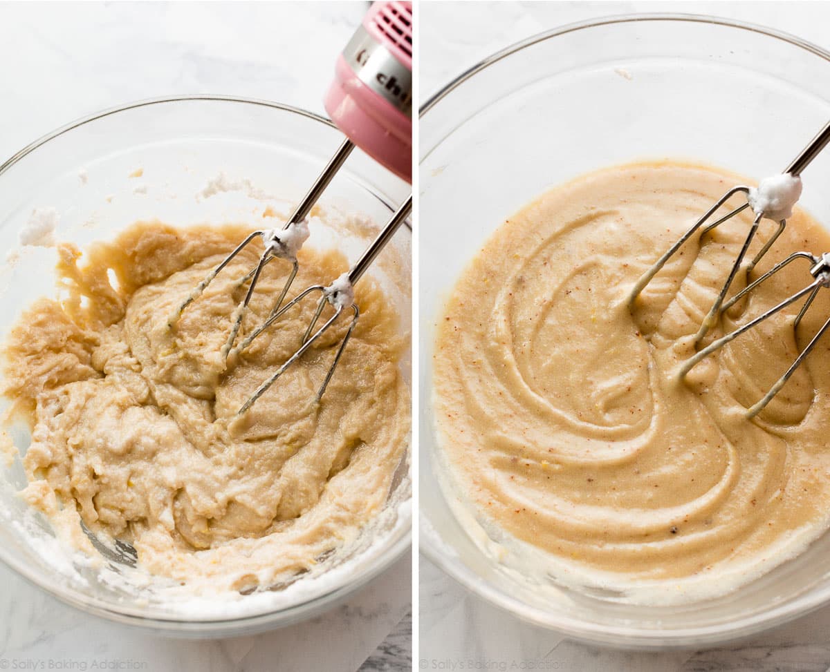 lumpy batter in glass bowl and smoothed out after adding brown butter