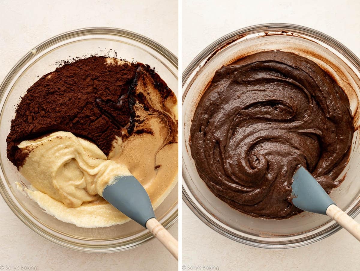 cocoa powder mixed into vanilla batter in glass bowl.