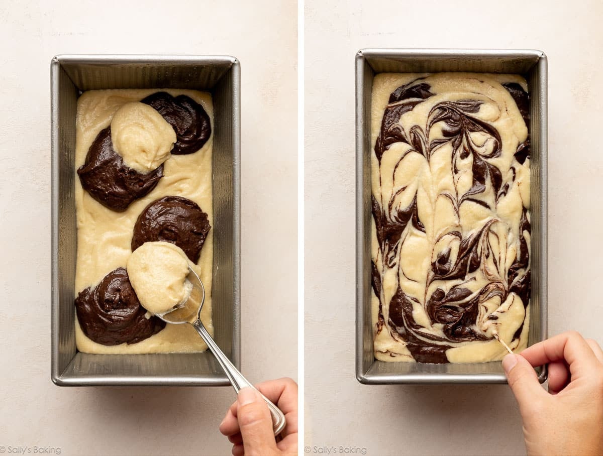 swirling chocolate and vanilla batters together in loaf pan.
