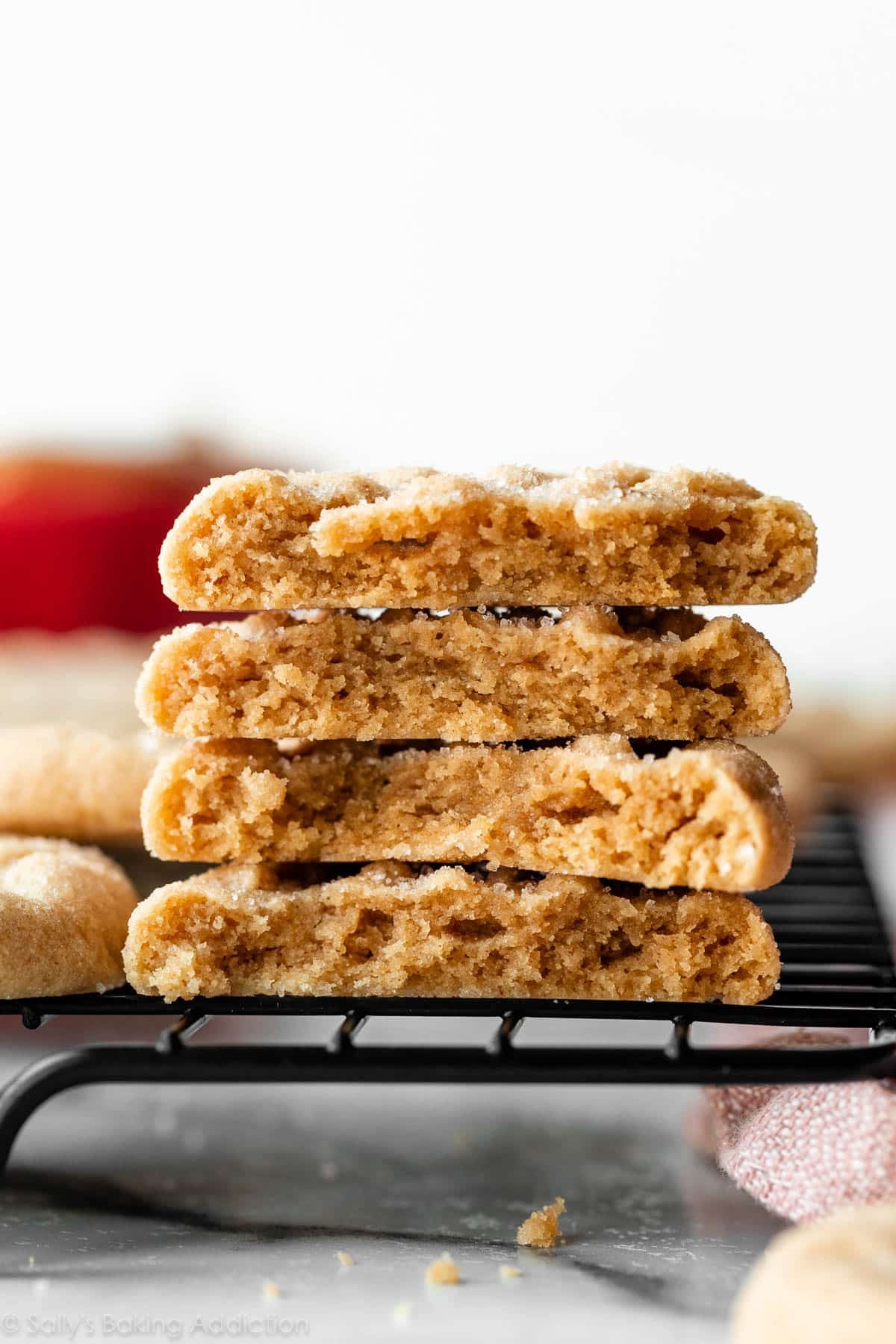 stack of peanut butter cookies cut in half