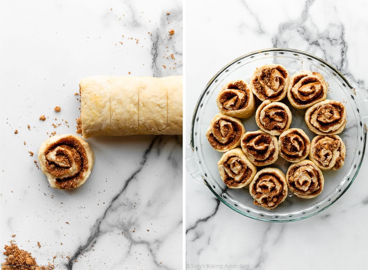 cutting cinnamon rolls and shown again placed into glass pie dish.