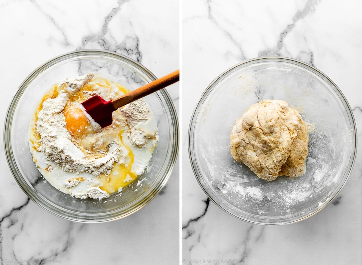 egg, butter, and dry ingredients in glass bowl and then shown again all mixed together.