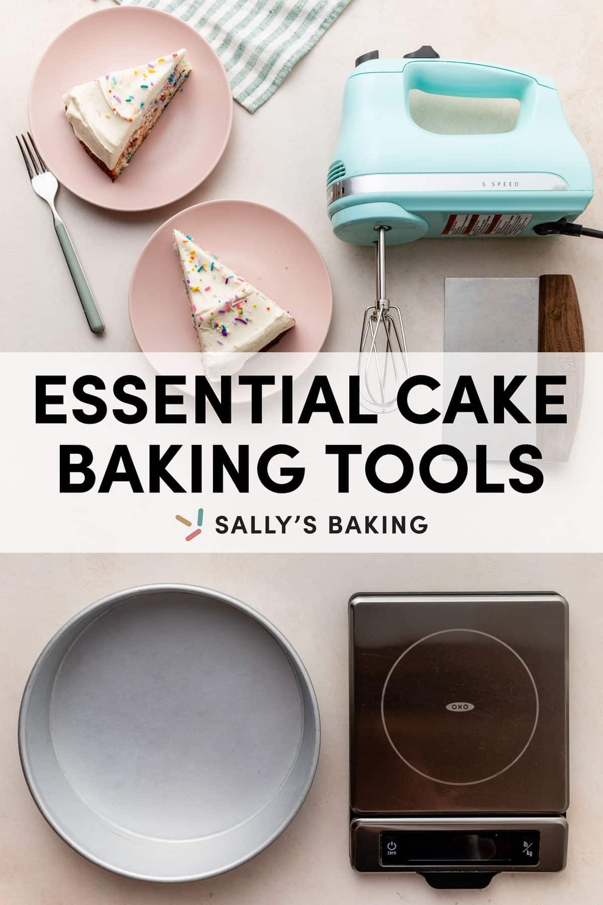 funfetti cake slices on pink plates with cake tools including a round cake pan, handheld mixer, and food scale.