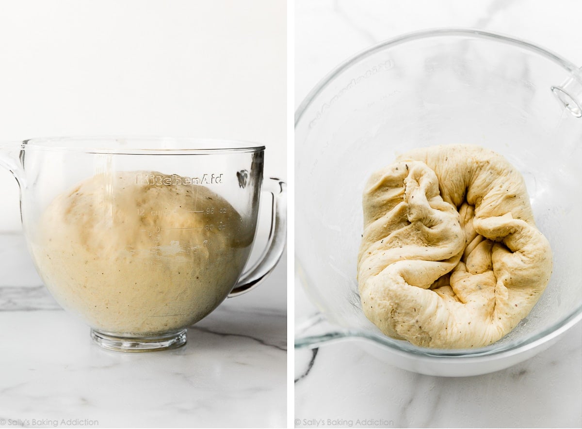 dough risen in glass bowl and shown again punched down.