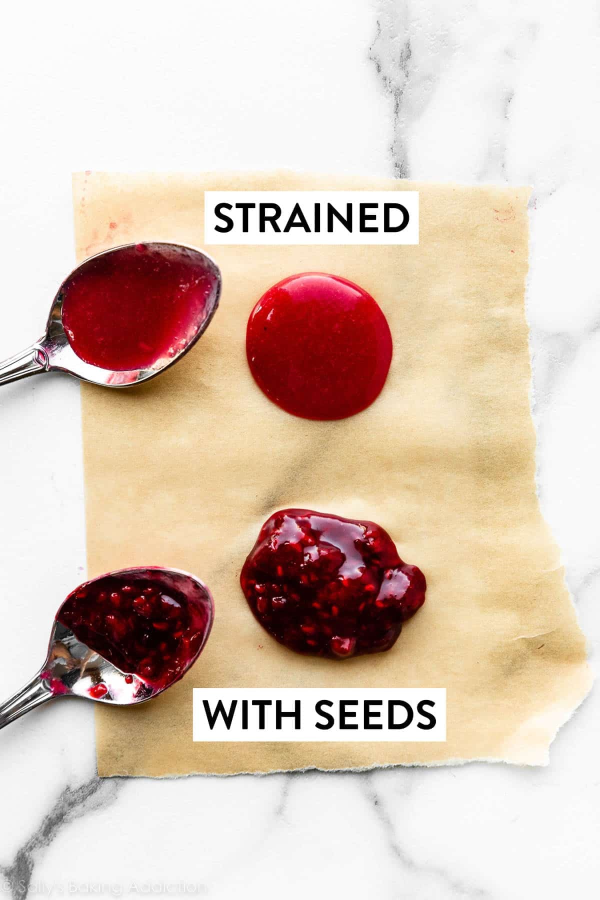 picture for comparison displaying strained raspberry sauce and raspberries sauce with seeds that has not been strained.