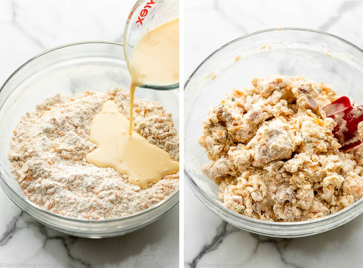 buttermilk mixture being poured over dry ingredients and the dough is shown again mixed together in a bowl.