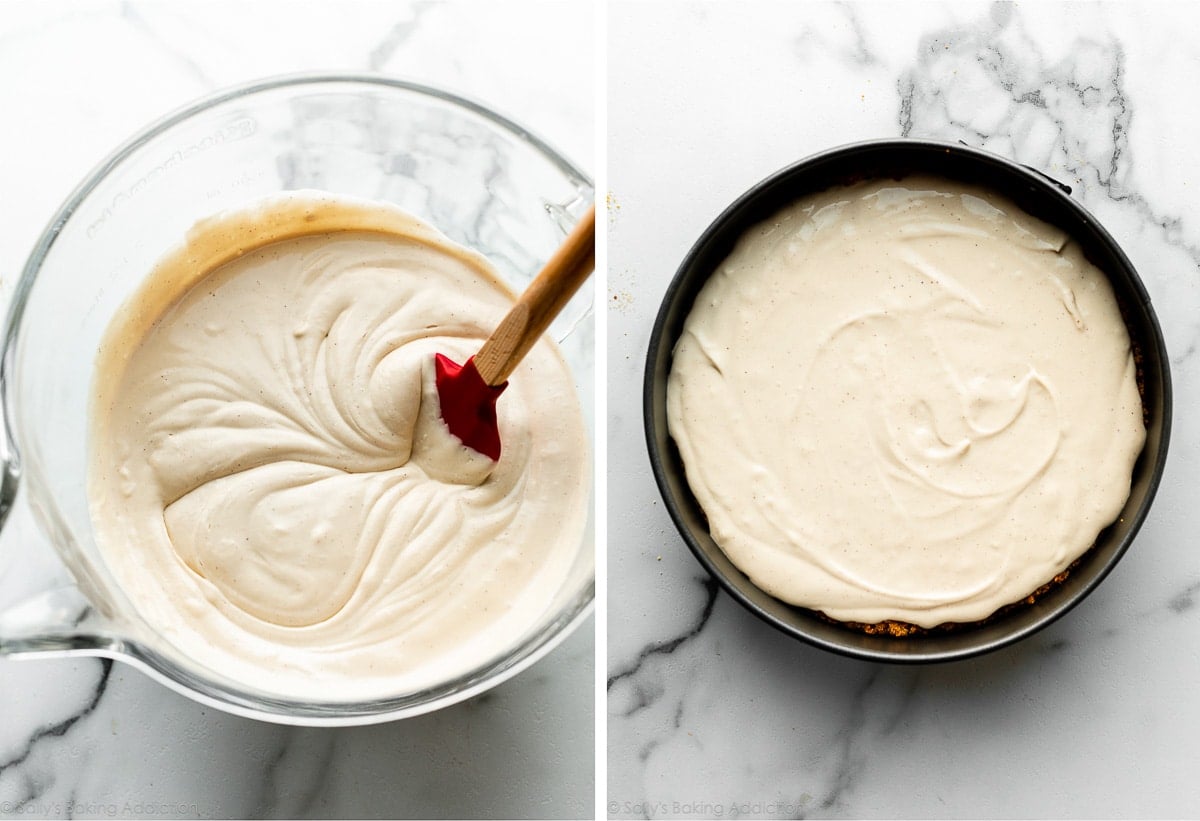 cheesecake batter in glass bowl and shown again spread into springform pan.