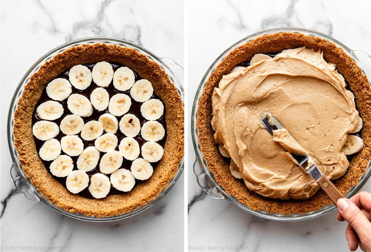 bananas layered on chocolate ganache and pictured again topped with peanut butter filling.