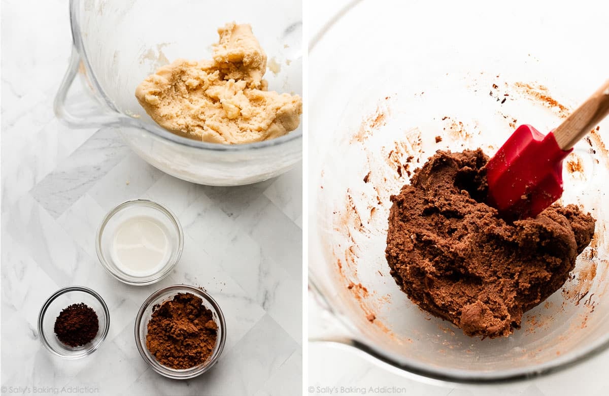 bowl of vanilla dough with espresso powder, milk, and cocoa powder in front of it and another photo of chocolate dough in glass bowl.