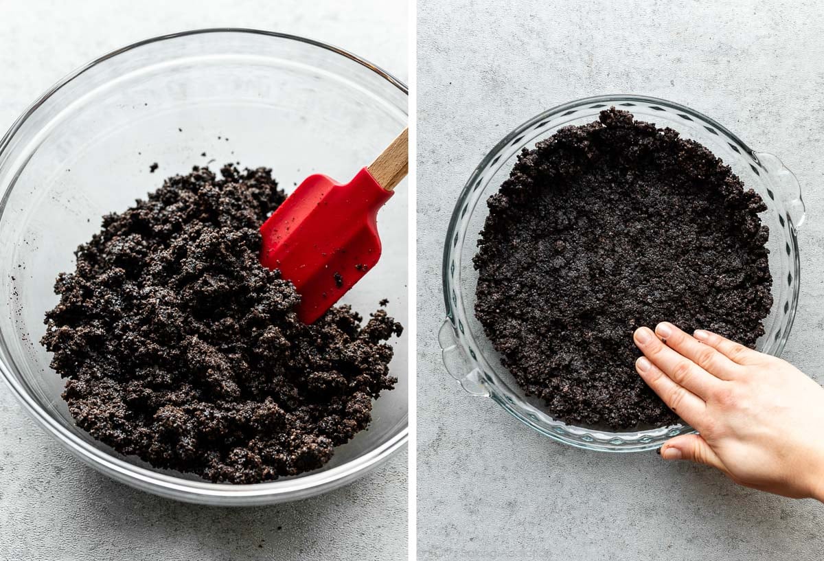 chocolate cookie crumbs mixture in glass bowl and shown again being pressed into glass pie dish.