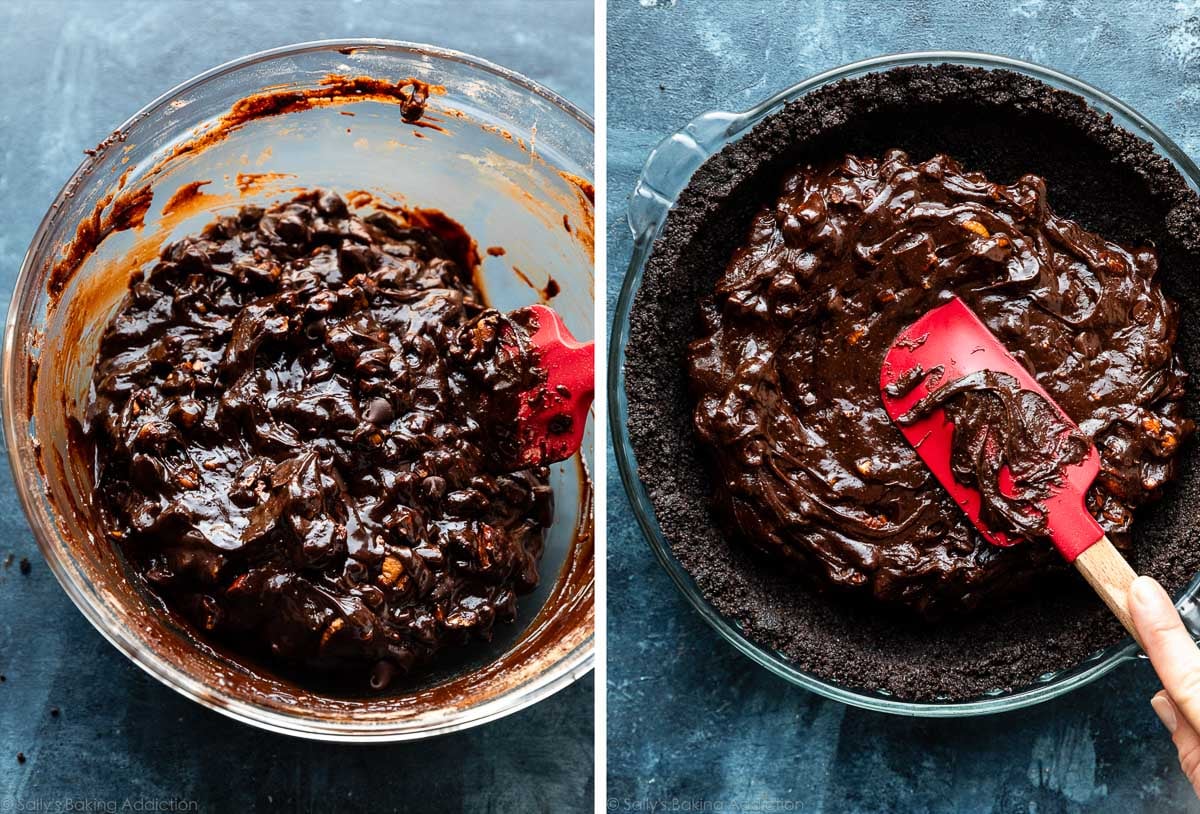 brownie batter in glass bowl and pictured again being spread in oreo cookie crust.