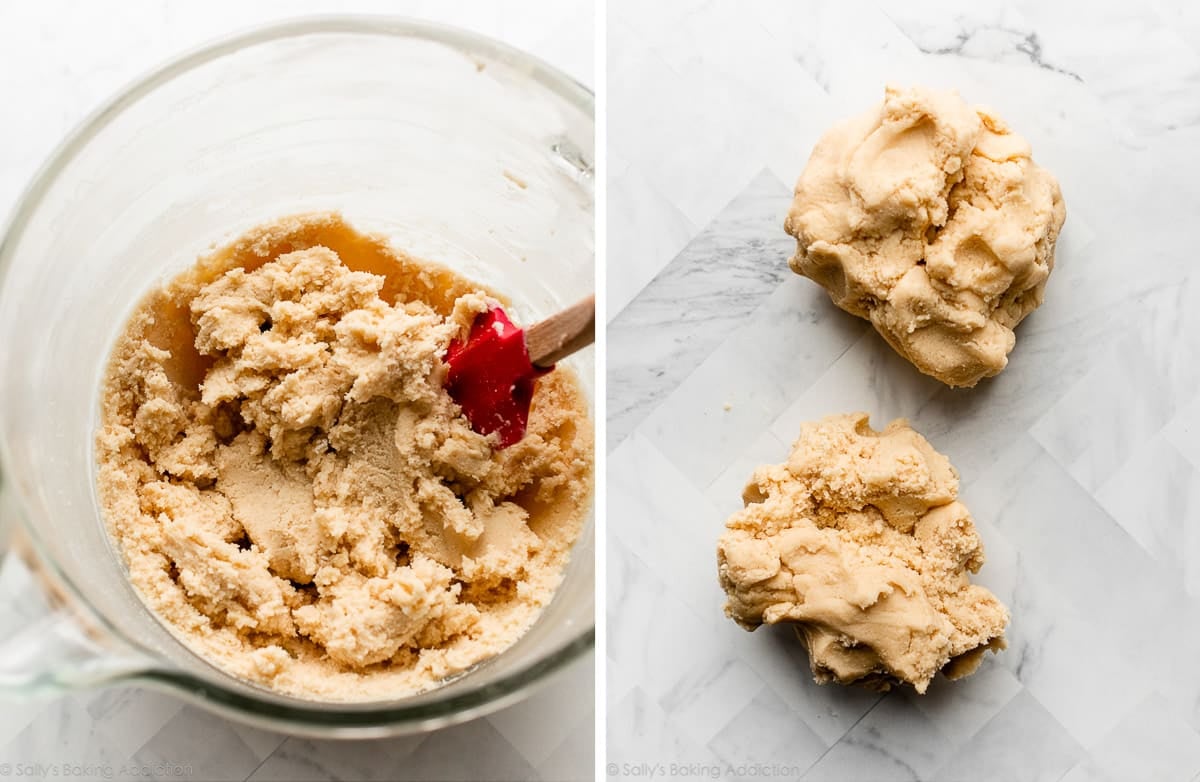 vanilla dough in big glass bowl and shown again divided in half on counter.