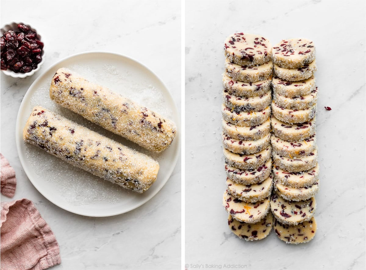 two logs of dough on plate of coarse sugar and shown again each sliced into 12 slices.
