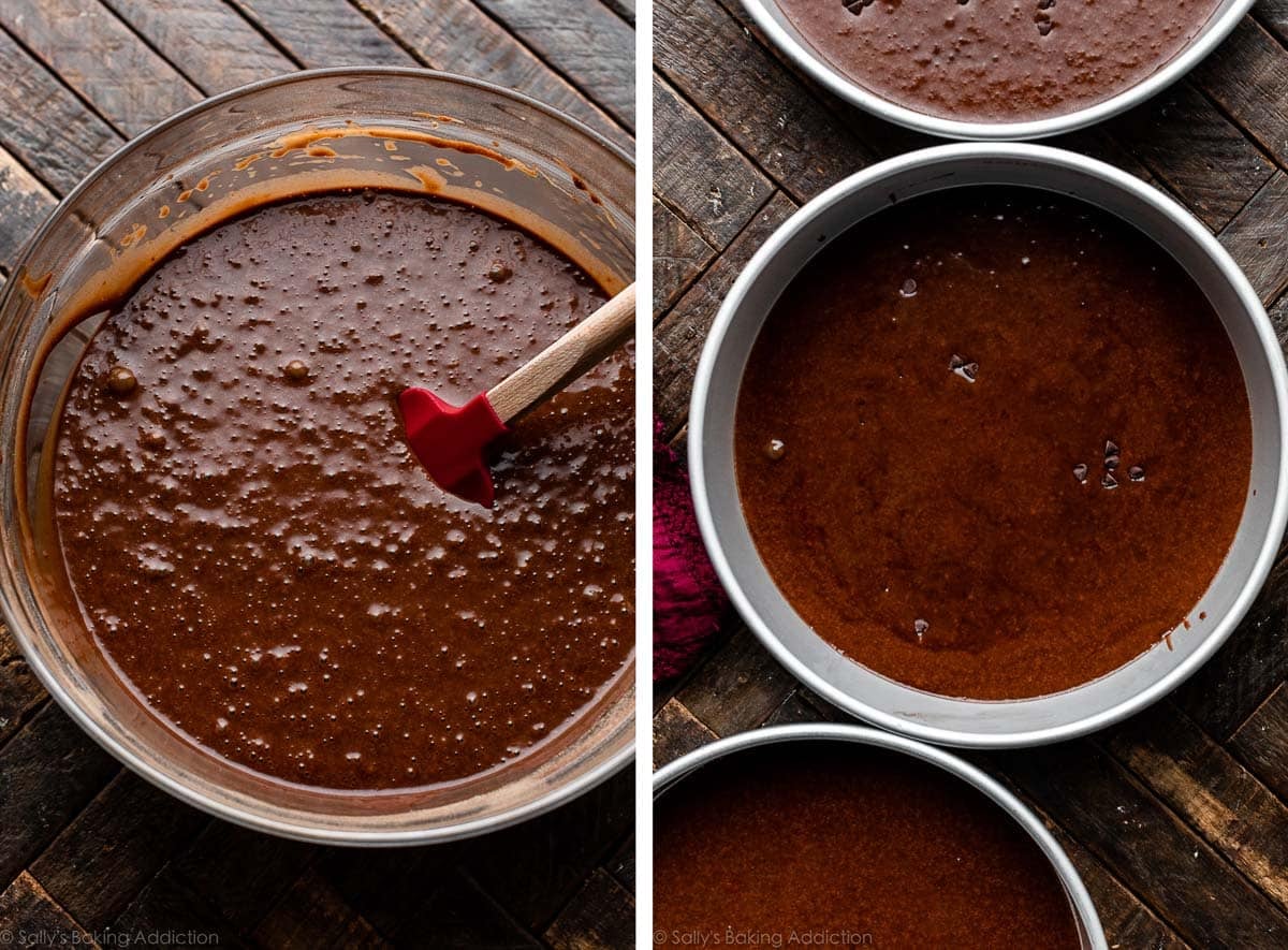 chocolate batter in glass bowl and shown again divided into 3 round cake pans.