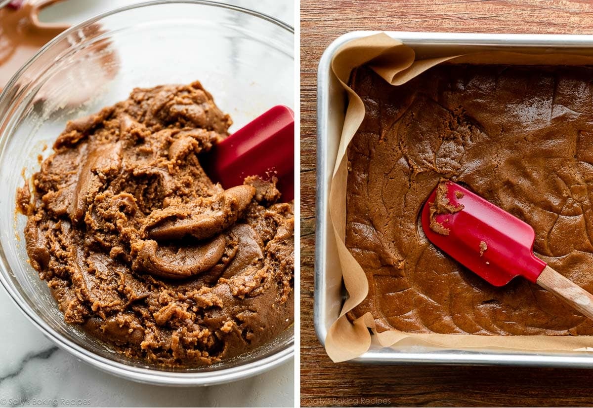 brown cookie dough in glass bowl and shown again pressed into pan.