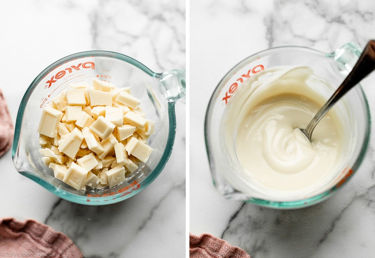 chopped white chocolate in liquid measuring up and shown again melted.