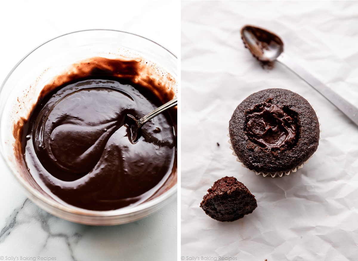 ganache in bowl and shown again filled inside a cupcake.