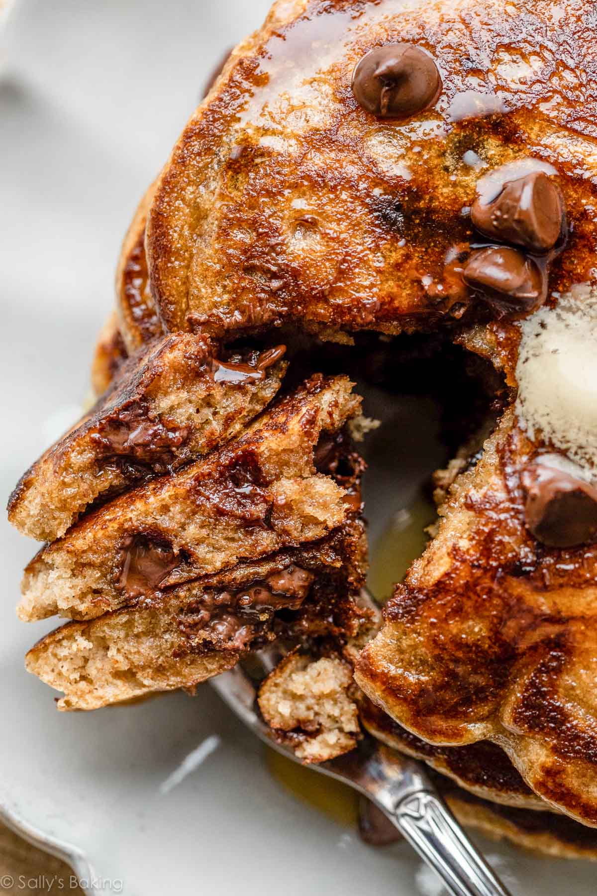 chocolate chip whole wheat pancakes on fork.