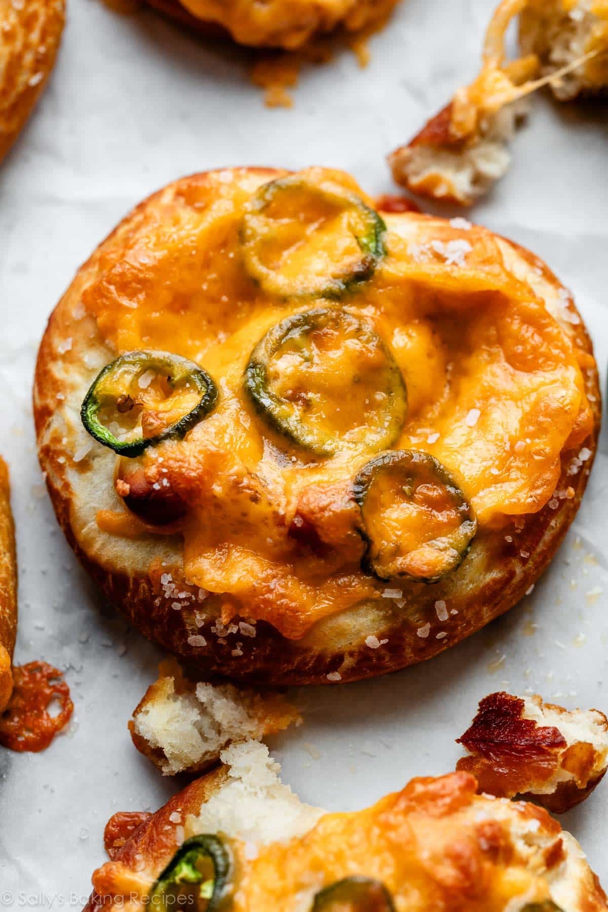 close-up of homemade jalapeño cheddar soft pretzel.