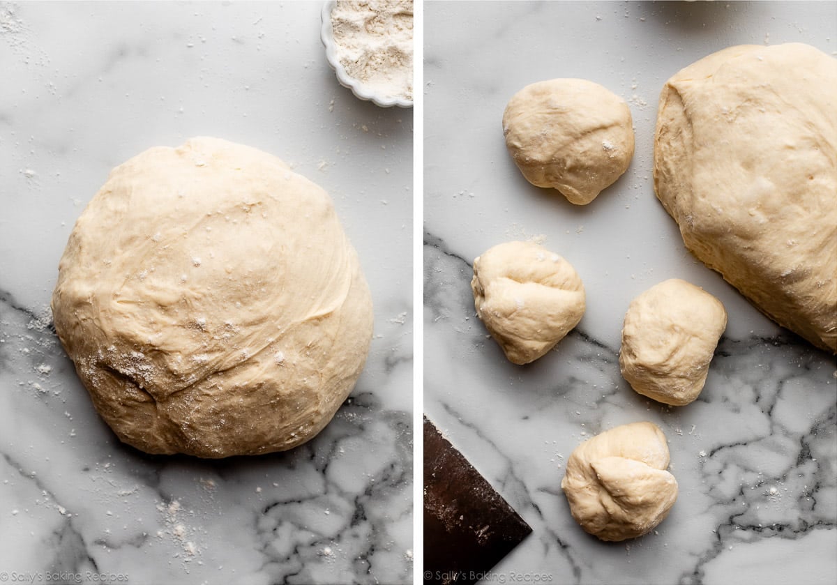 dough on counter and shown again with a few pieces cut off.