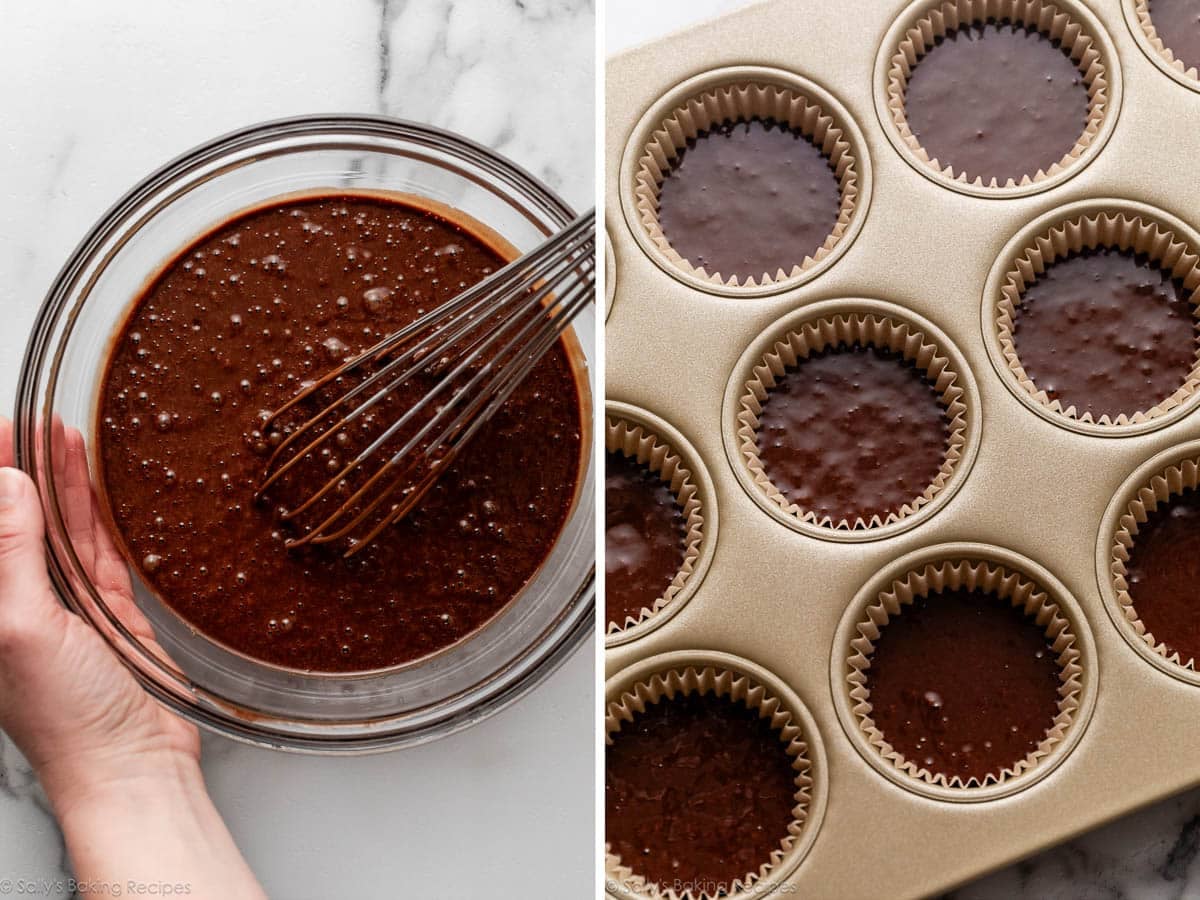 chocolate batter in bowl and shown again in gold muffin pan.