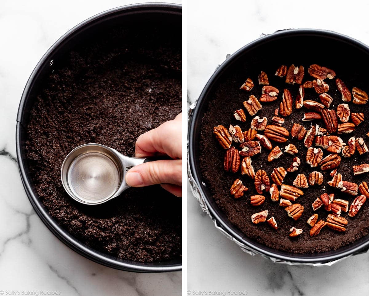measuring cup pressing Oreo crumbs into crust and shown again in pan with chopped pecans on top.