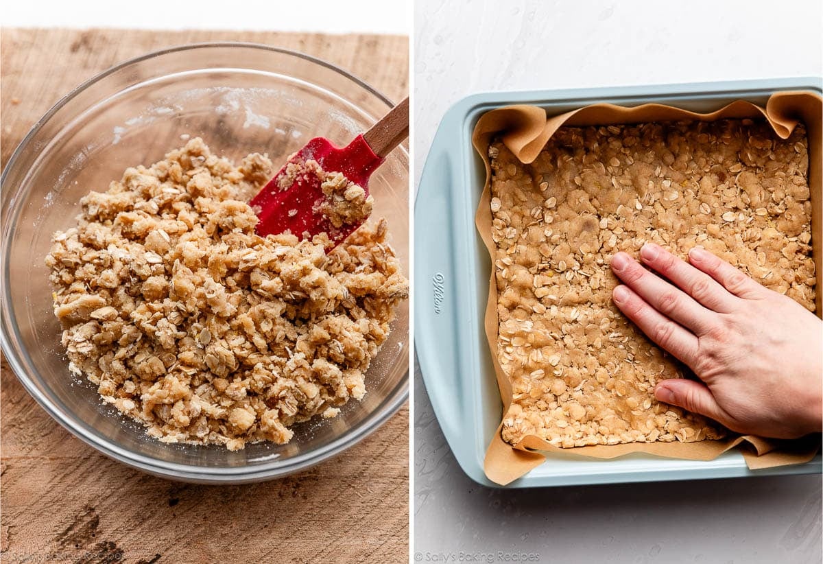 chunky oat mixture in bowl and shown again with a hand pressing it into a parchment paper-lined baking pan.