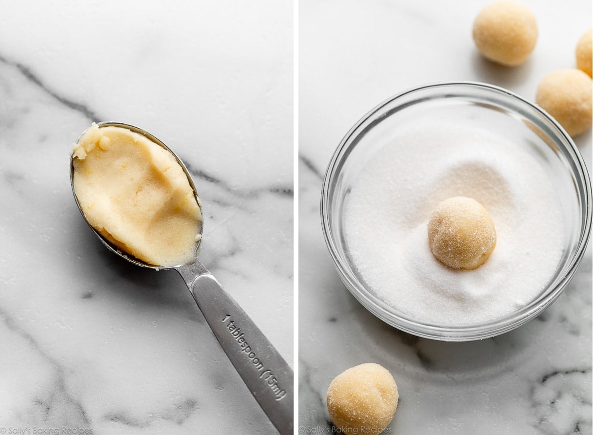 cookie dough in Tablespoon measuring spoon and shown again being rolled in bowl of sugar.