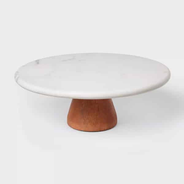 marble and wood cake stand.
