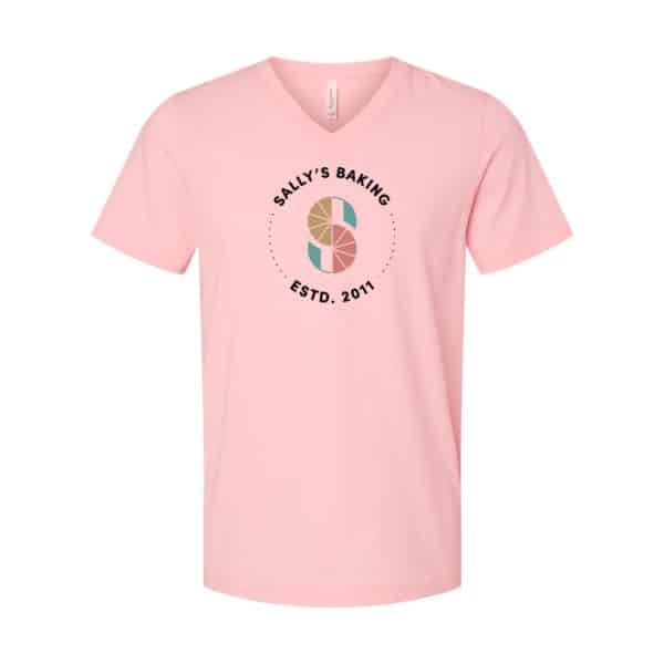 pink sally's baking logo vneck shirt.