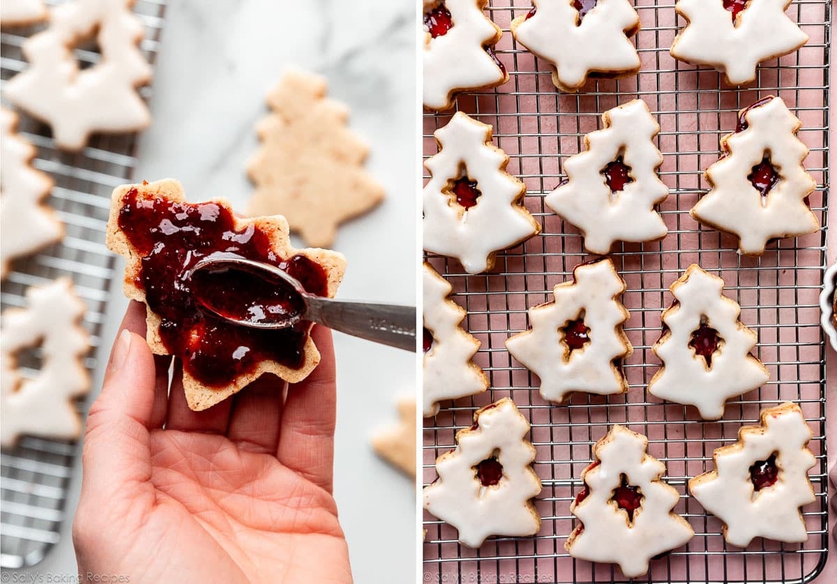 spreading jam on underside of cookie and shown again with icing on cooling rack.